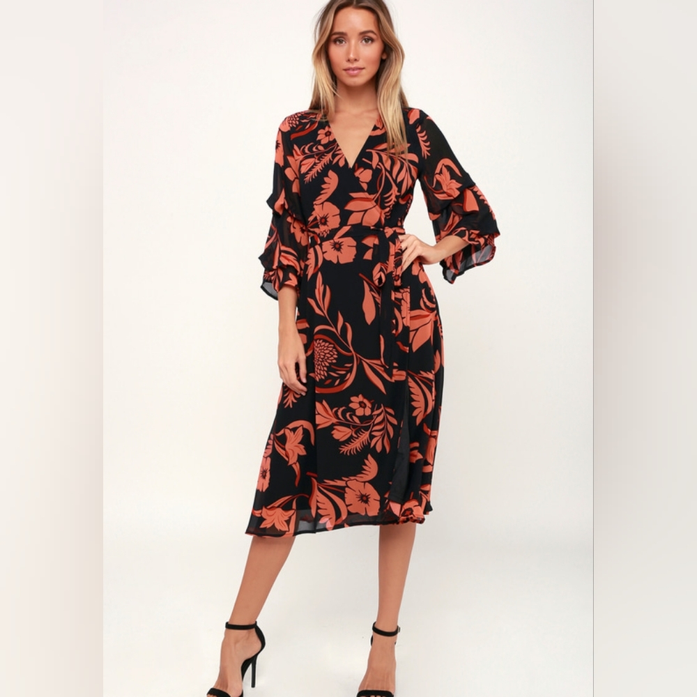 New Lulu's Highlight of my Life Orange and Black Floral Print Wrap Dress…